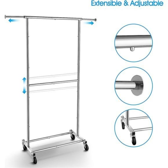 Double Rod Clothing Garment Rack, Rolling Clothes Organizer on Wheels, Chrome - Picture 4 of 6